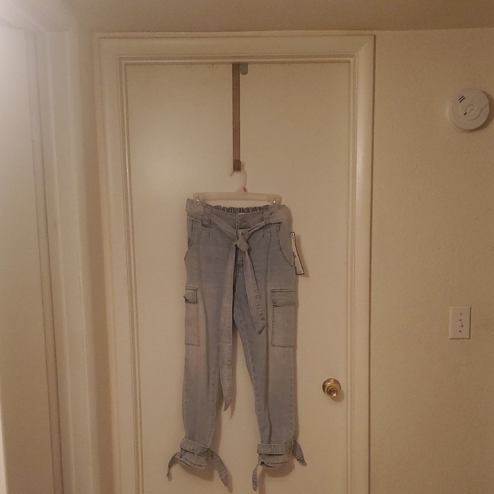 Light Wash Tie-Waist Cargo Jeans